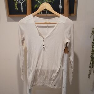 Hollister Cream Long Sleeve Henley Top